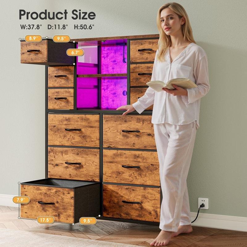Ceviz Rengi Ahşap ve Metal 12 Çekmeceli LED Işıklı Şarj İstasyonlu Ferforje Şifonyer - 97x30x129 cm - 123993
