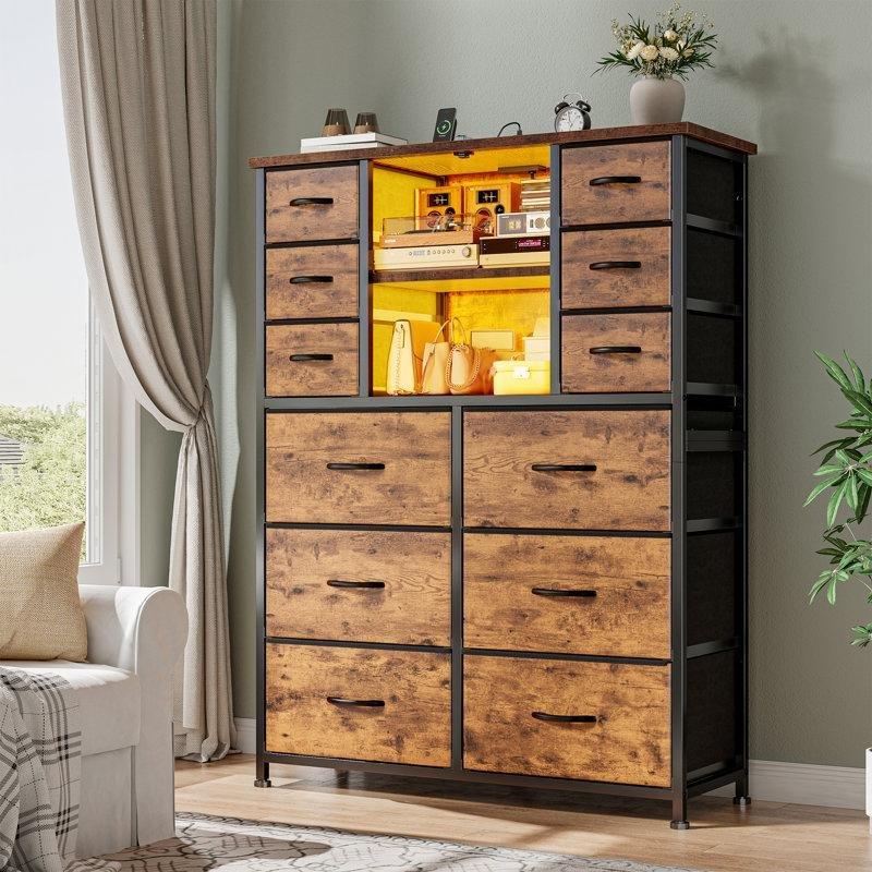 Ceviz Rengi Ahşap ve Metal 12 Çekmeceli LED Işıklı Şarj İstasyonlu Ferforje Şifonyer - 97x30x129 cm - 123993