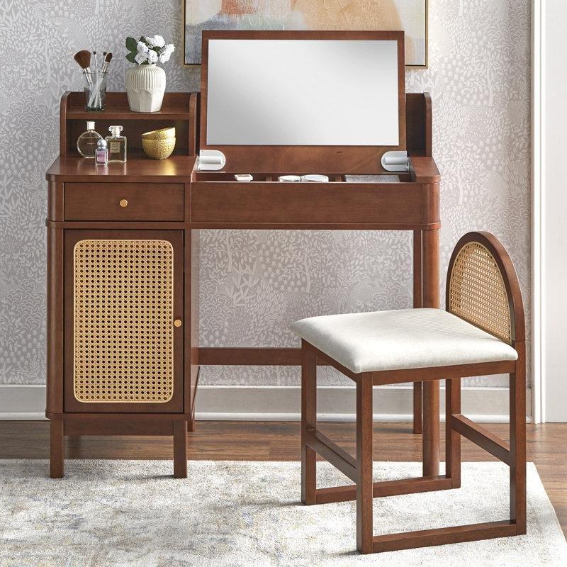 Ceviz Rengi Ahşap ve Rattan Detaylı Açılır Aynalı Dolaplı Tabureli Makyaj Masası - 100x49 cm - 121633