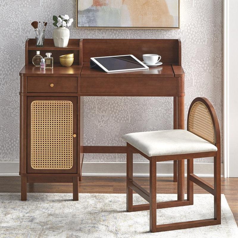 Ceviz Rengi Ahşap ve Rattan Detaylı Açılır Aynalı Dolaplı Tabureli Makyaj Masası - 100x49 cm - 121633