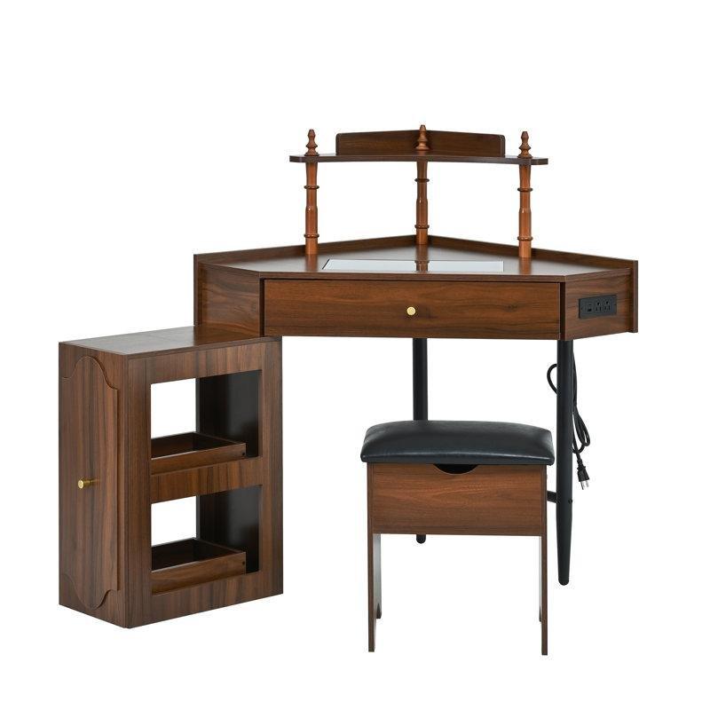 Ceviz Rengi Cam Tablalı ve Şarj İstasyonlu Köşe Makyaj Masası - 82x91 cm - 121348
