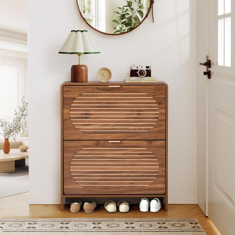 Ceviz Rengi Endüstriyel Ahşap 2 Düşer Kapaklı Çizgili Ayakkabılık - 70x17x85 cm - 120805