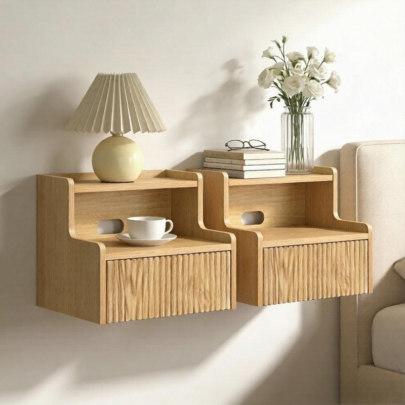 Ceviz Rengi Endüstriyel Ahşap Duvara Monte Kabartma Desenli Komodin - 41x28x31 cm - 127364