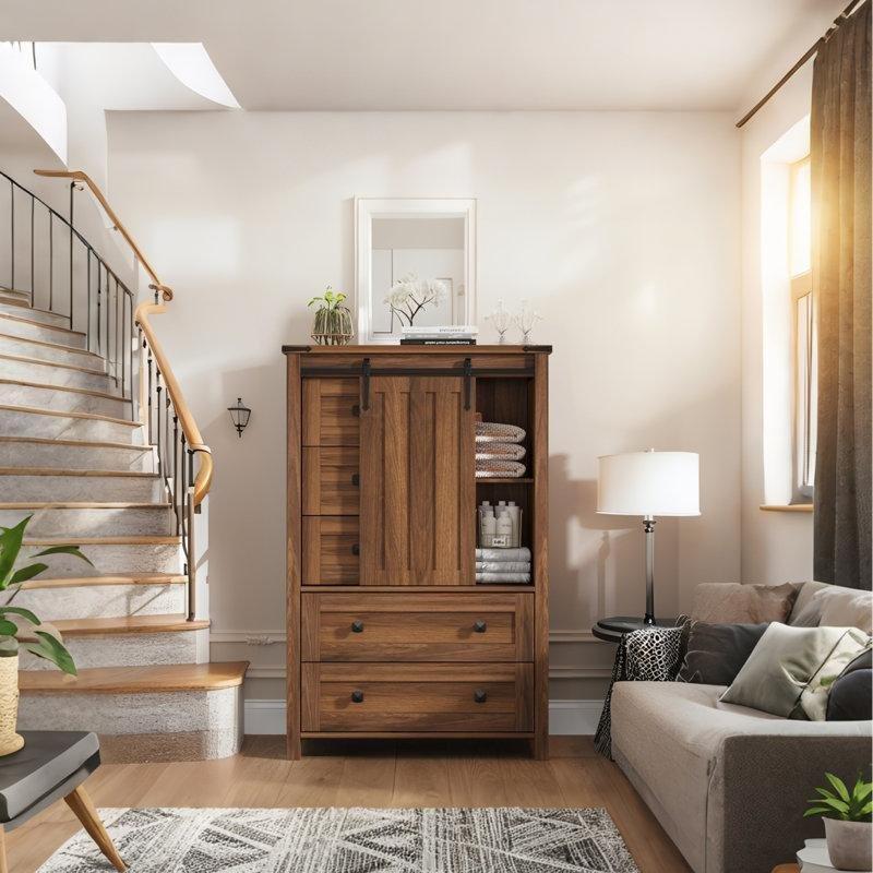 Ceviz Rengi Endüstriyel Ahşap Sürgülü Kapaklı ve 5 Çekmeceli Şifonyer - 80x40x122 cm - 122794