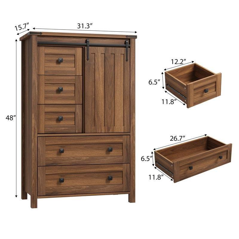 Ceviz Rengi Endüstriyel Ahşap Sürgülü Kapaklı ve 5 Çekmeceli Şifonyer - 80x40x122 cm - 122794