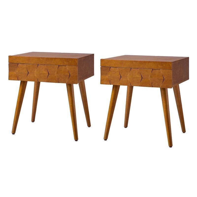 Ceviz Rengi Huş Ağacı Geometrik Desenli Şarj İstasyonlu Komodin İkili Set - 56x47x61 cm - 127184