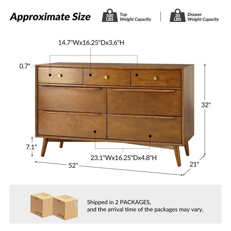 Ceviz Rengi Masif Ahşap Ayaklı 7 Çekmeceli Şifonyer - 133x82 cm - 122737