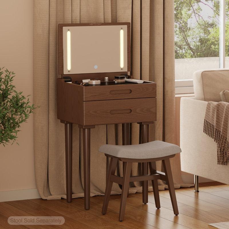 Ceviz Rengi Masif Ahşap LED Işıklı ve Açılır Aynalı Makyaj Masası - 49 cm - 121639