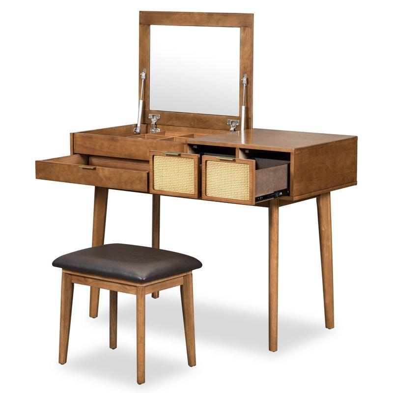 Ceviz Rengi Masif Ahşap ve Rattan Detaylı Açılır Aynalı Çekmeceli Makyaj Masası - 110 cm - 121282