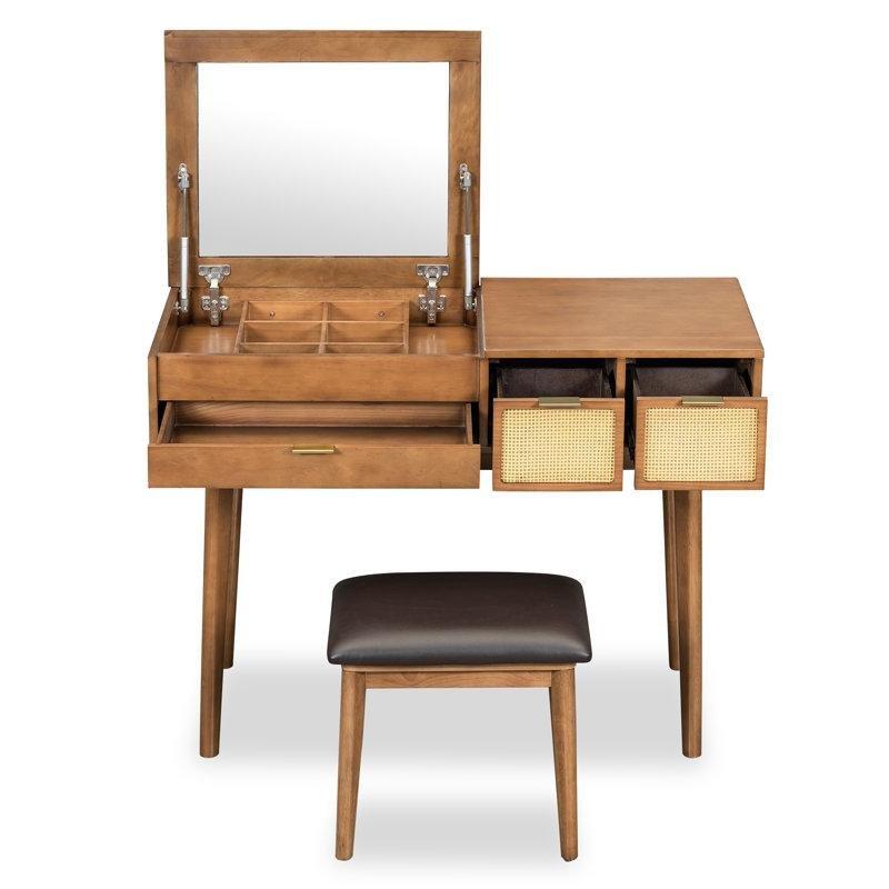Ceviz Rengi Masif Ahşap ve Rattan Detaylı Açılır Aynalı Çekmeceli Makyaj Masası - 110 cm - 121282