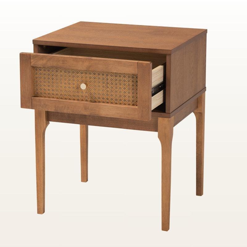 Ceviz Rengi Masif Ahşap ve Rattan Detaylı Tek Çekmeceli Komodin - 47x40x59 cm - 127241