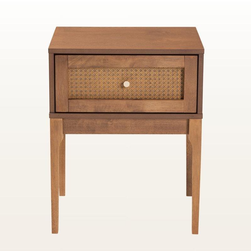 Ceviz Rengi Masif Ahşap ve Rattan Detaylı Tek Çekmeceli Komodin - 47x40x59 cm - 127241