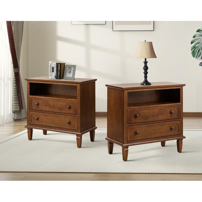 Ceviz Rengi Masif Ayaklı Şarj İstasyonlu İkili Komodin - 72 cm - 127451