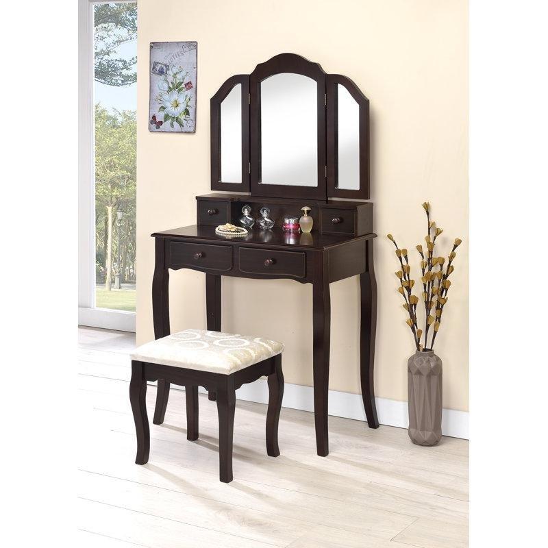 Ceviz Rengi Masif Çam 3 Aynalı 4 Çekmeceli Tabureli Makyaj Masası - 77 cm - 121750
