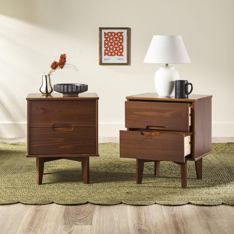 Ceviz Rengi Masif Çam ve MDF 2 Çekmeceli İkili Set Komodin - 56x36x59 cm - 127481