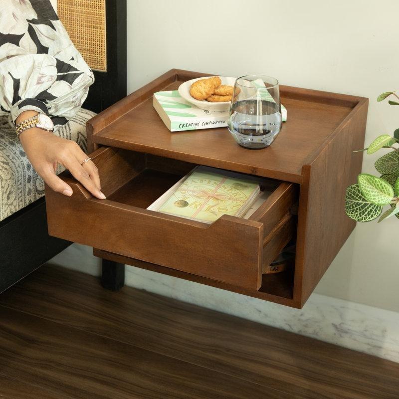 Ceviz Rengi Masif Mango Ağacı Duvara Monte Çekmeceli Komodin - 41x34x27 cm - 127397