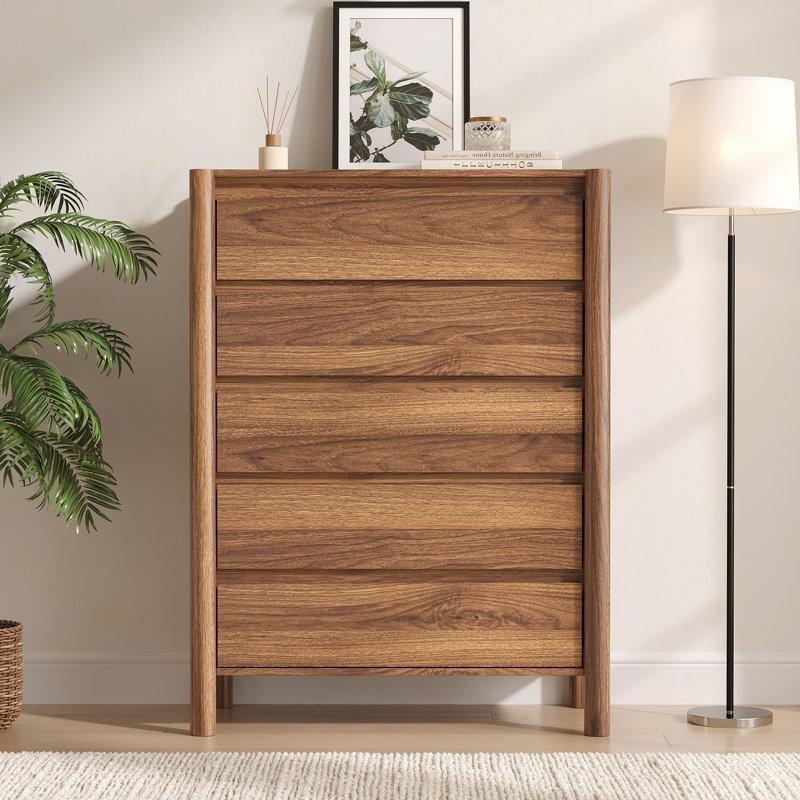 Ceviz Rengi Masif ve Endüstriyel Ahşap 5 Çekmeceli Kulpsuz Tasarım Şifonyer - 80x40x116 cm - 122632