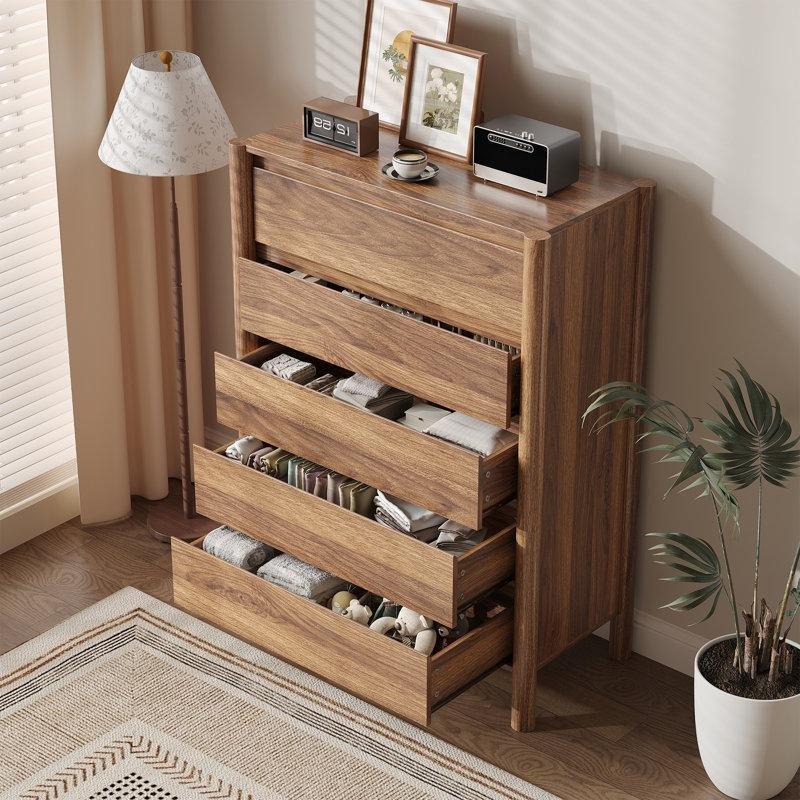 Ceviz Rengi Masif ve Endüstriyel Ahşap 5 Çekmeceli Kulpsuz Tasarım Şifonyer - 80x40x116 cm - 122632