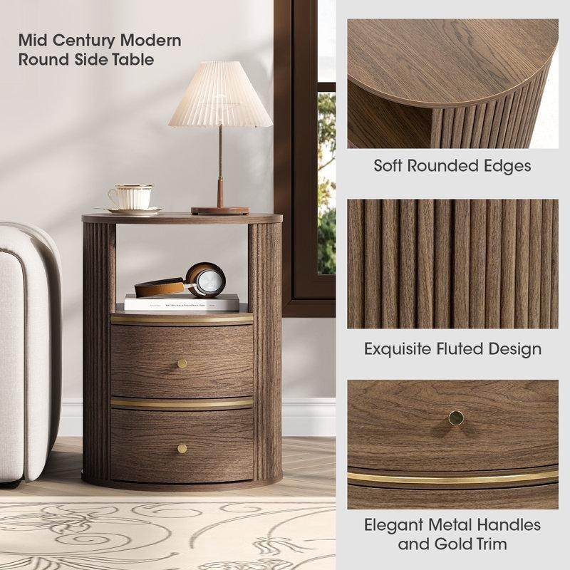 Ceviz Rengi MDF Yivli Tasarım İki Çekmeceli Yuvarlak Komodin - 46x60 cm - 128200