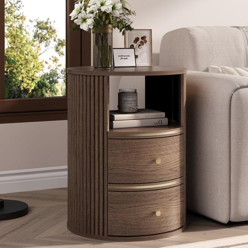 Ceviz Rengi MDF Yivli Tasarım İki Çekmeceli Yuvarlak Komodin - 46x60 cm - 128200