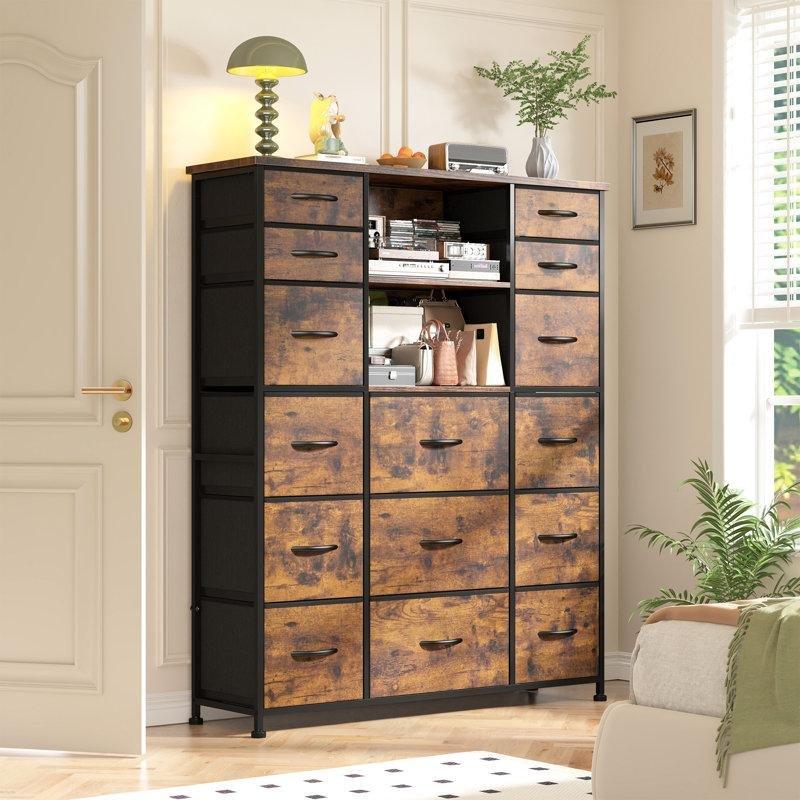 Ceviz Rengi Metal Profilli 15 Kumaş Çekmeceli LED Işıklı ve Şarj İstasyonlu Şifonyer - 100x30x130 cm - 122818