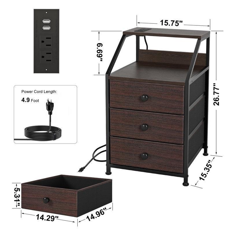 Ceviz Rengi Metal ve Endüstriyel Ahşap 3 Çekmeceli Priz ve USB Girişli Komodin - 40x39x67 cm - 127490