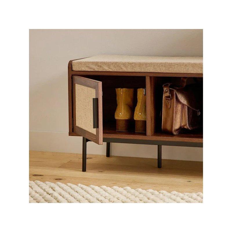 Ceviz Renk Kumaş Kapaklı Minderli Oturaklı Ayakkabılık - 100x35x46 cm - 118630