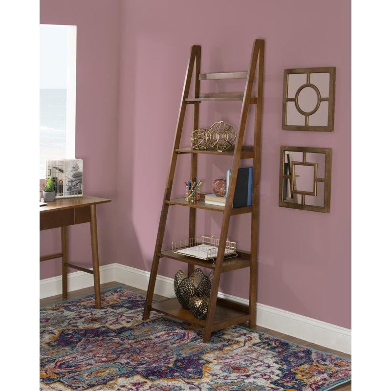 Ceviz Renk Masif Çam Ahşap 5 Raflı Merdiven Tasarımlı Kitaplık - 63x41x183 cm - 142003