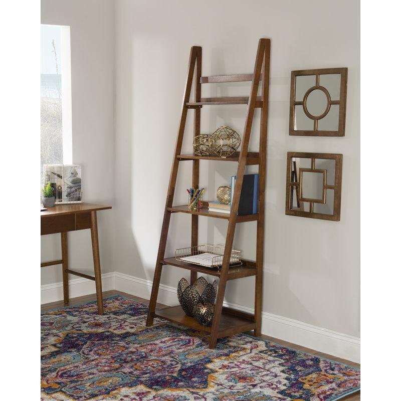 Ceviz Renk Masif Çam Ahşap 5 Raflı Merdiven Tasarımlı Kitaplık - 63x41x183 cm - 142003