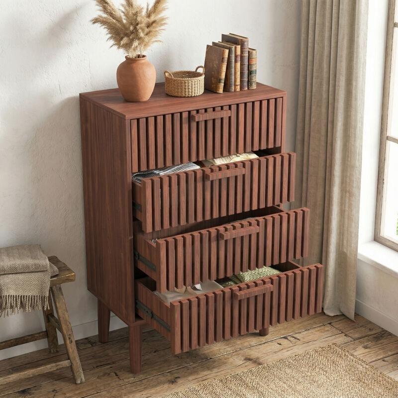 Ceviz Renk MDF Dikey Çıtalı Tasarım 4 Çekmeceli Şifonyer - 60x34x91 cm - 123278