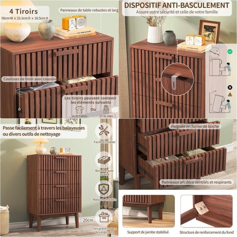 Ceviz Renk MDF Dikey Çıtalı Tasarım 4 Çekmeceli Şifonyer - 60x34x91 cm - 123278