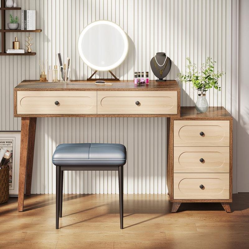 Ceviz ve Bej Endüstriyel Ahşap 5 Çekmeceli Modern Makyaj Masası - 130x45x85 cm - 121501