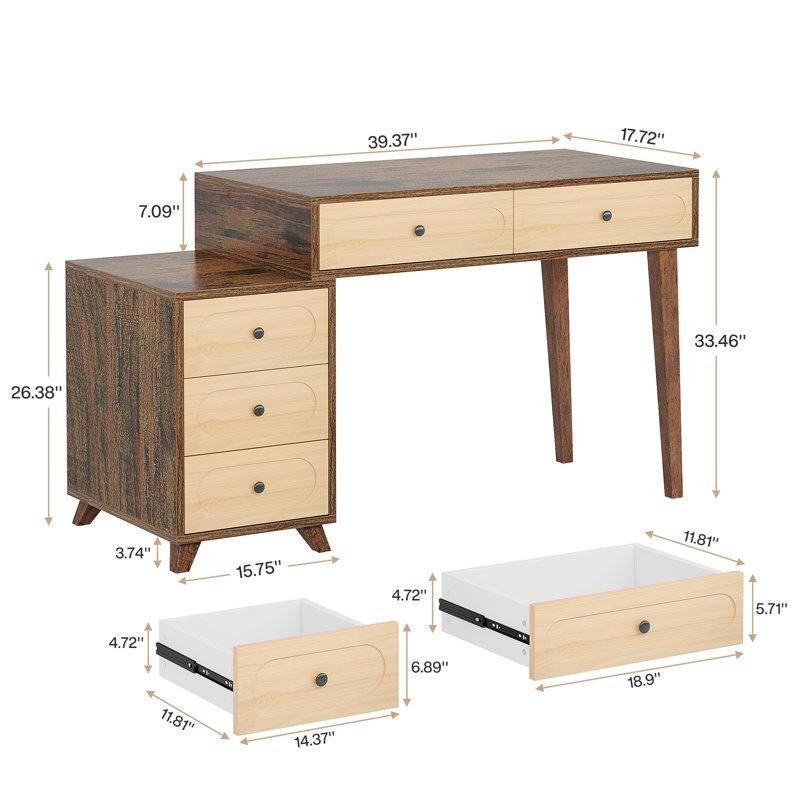 Ceviz ve Bej Endüstriyel Ahşap 5 Çekmeceli Modern Makyaj Masası - 130x45x85 cm - 121501