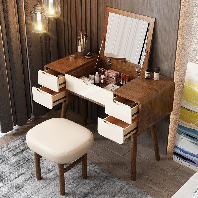 Ceviz ve Beyaz Dişbudak Masif Ahşap Açılır Aynalı ve Tabureli Makyaj Masası - 100 cm - 121480