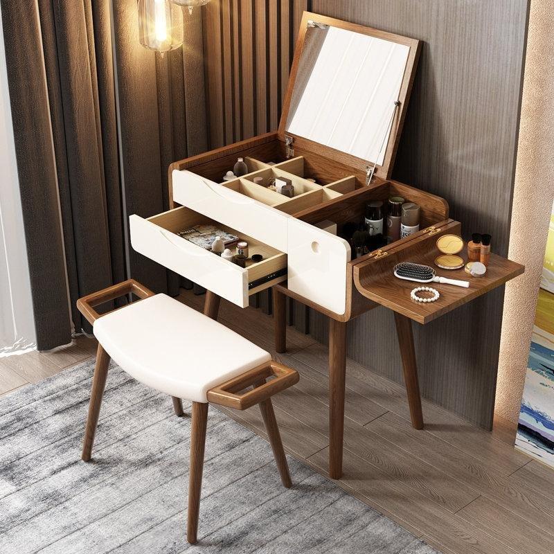 Ceviz ve Beyaz Masif Ahşap Açılır Aynalı Çekmeceli Makyaj Masası - 75x40 cm - 121294