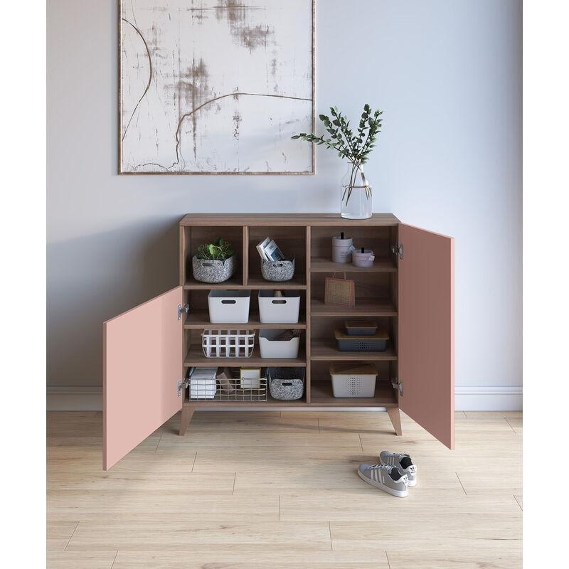 Ceviz ve Pembe Melamin Masif Kayın Ayaklı İskandinav Tasarım 5 Raflı Ayakkabılık - 90x26x87 cm - 120220