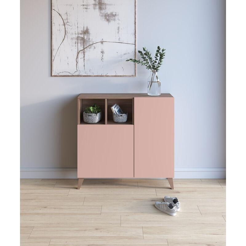 Ceviz ve Pembe Melamin Masif Kayın Ayaklı İskandinav Tasarım 5 Raflı Ayakkabılık - 90x26x87 cm - 120220