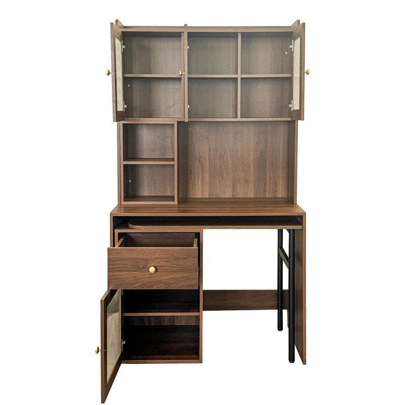 Ceviz Yonga Levha ve MDF Cam Kapaklı Kitaplıklı Katlanır Bilgisayar Masası-180x100x50 cm - 116673