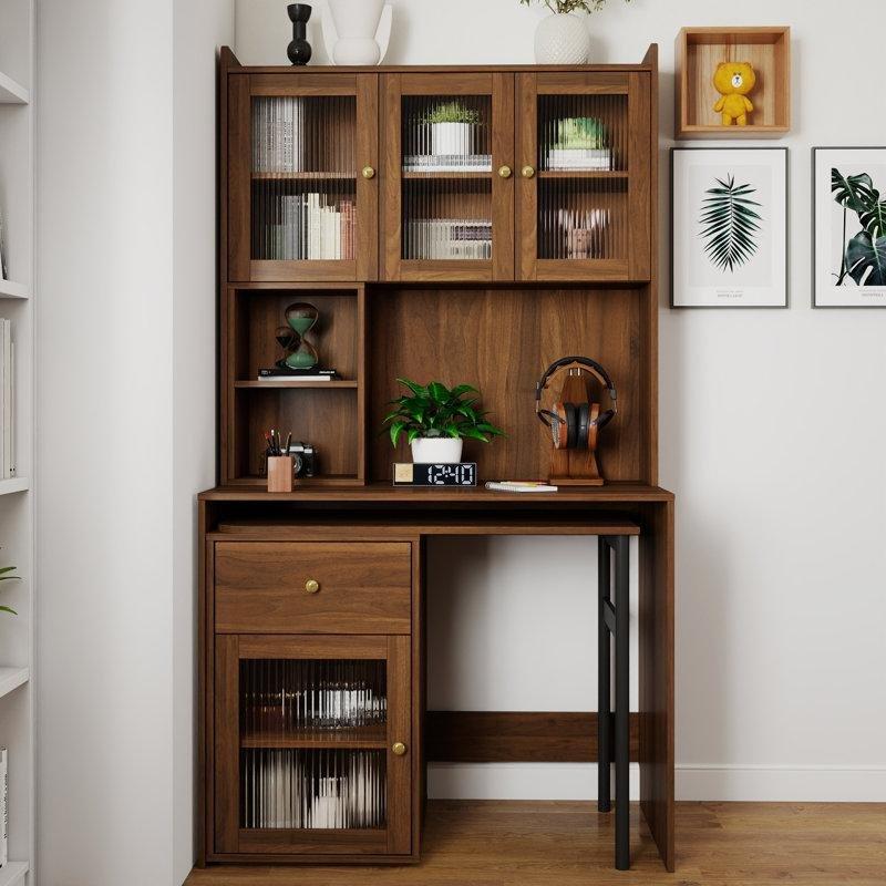 Ceviz Yonga Levha ve MDF Cam Kapaklı Kitaplıklı Katlanır Bilgisayar Masası-180x100x50 cm - 116673