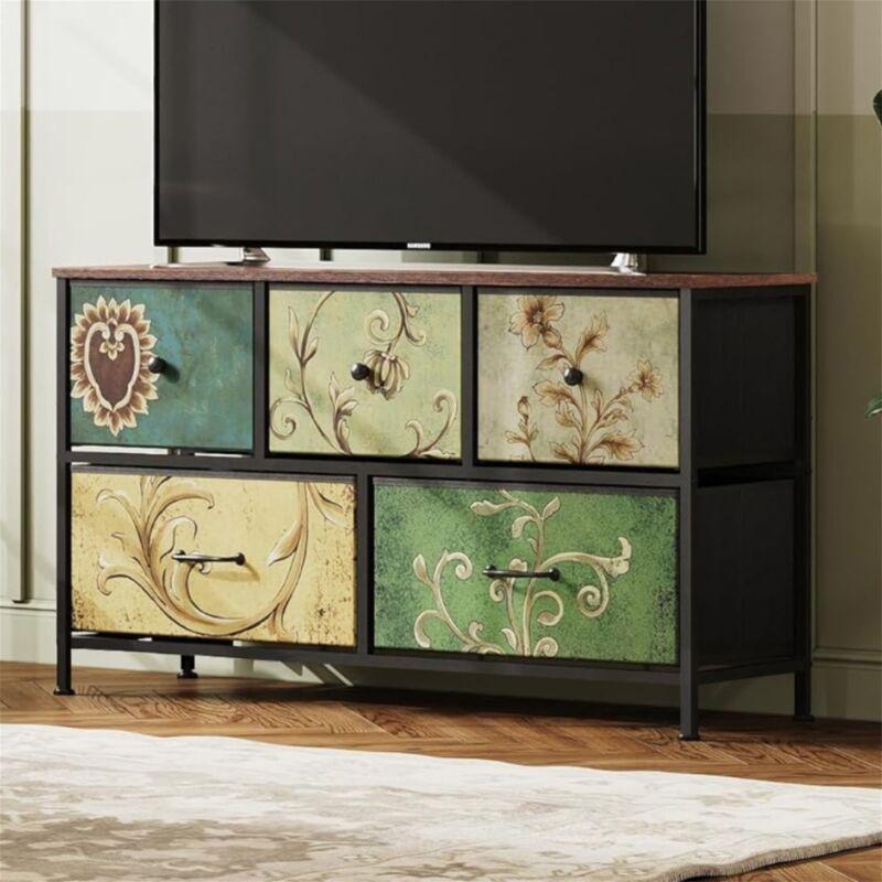 Çok Renkli Ahşap ve Metal Vintage Desenli 5 Çekmeceli Şifonyer - 100x30x56 cm - 123260