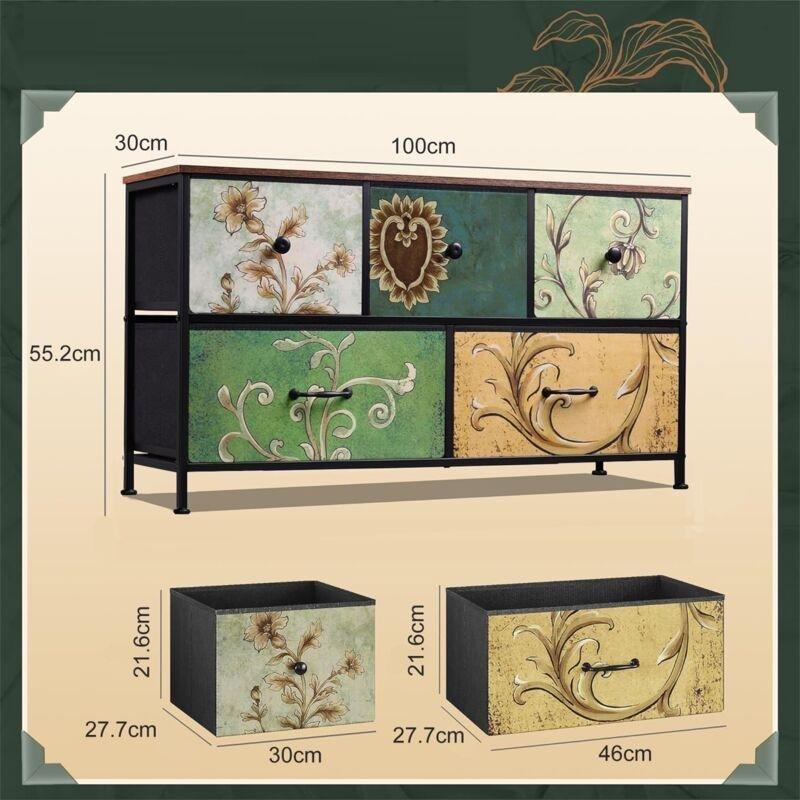 Çok Renkli Ahşap ve Metal Vintage Desenli 5 Çekmeceli Şifonyer - 100x30x56 cm - 123260