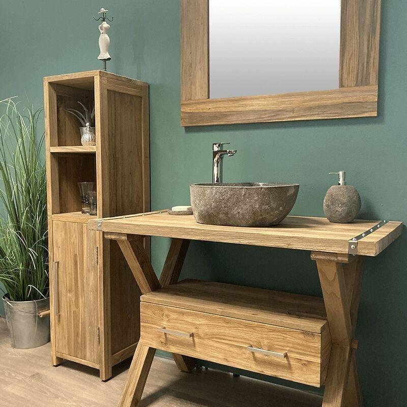 Çok Renkli Geri Dönüştürülmüş Tik Ahşap Ayaklı Raflı Banyo Dolabı-35x35x140 cm - 114058