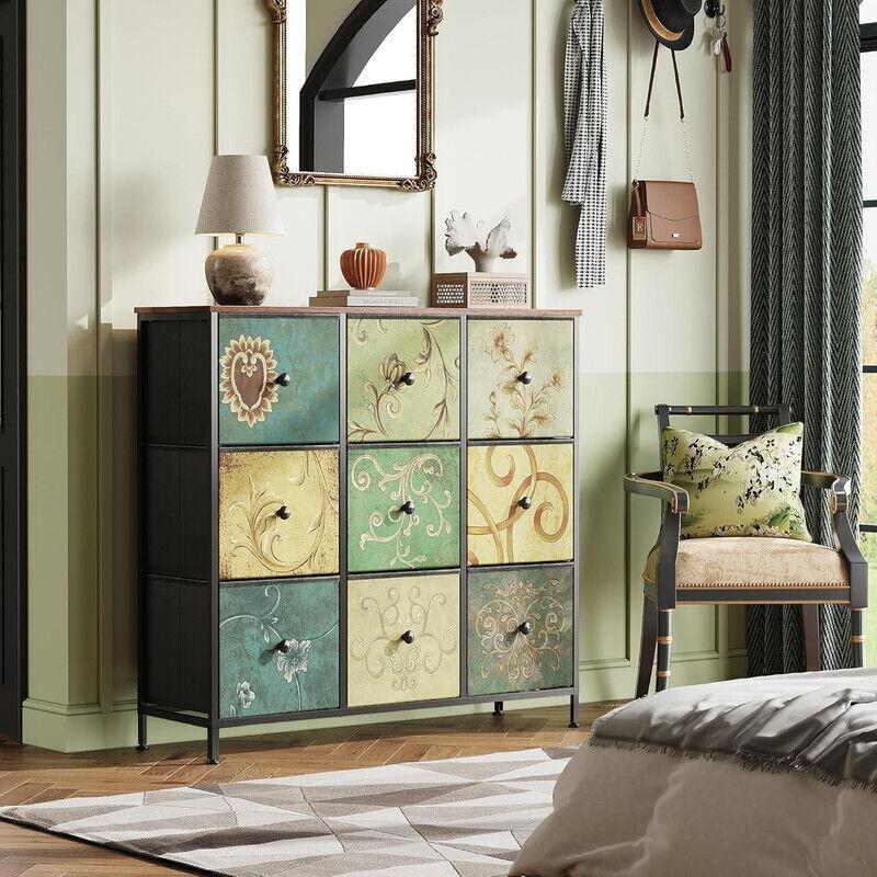 Çok Renkli Kumaş ve Metal 9 Çekmeceli Vintage Desenli Şifonyer - 100x30x87 cm - 123160