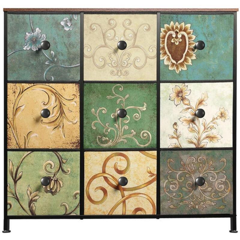 Çok Renkli Kumaş ve Metal 9 Çekmeceli Vintage Desenli Şifonyer - 100x30x87 cm - 123160