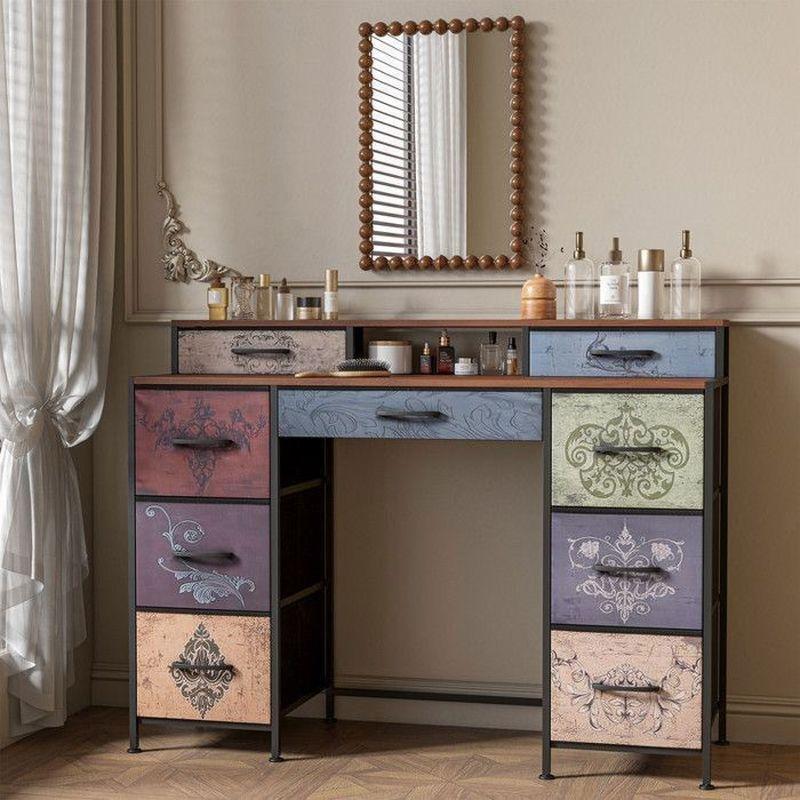 Çok Renkli Metal ve Ahşap 9 Çekmeceli Retro Tasarım Makyaj Masası - 121x40x92 cm - 122191