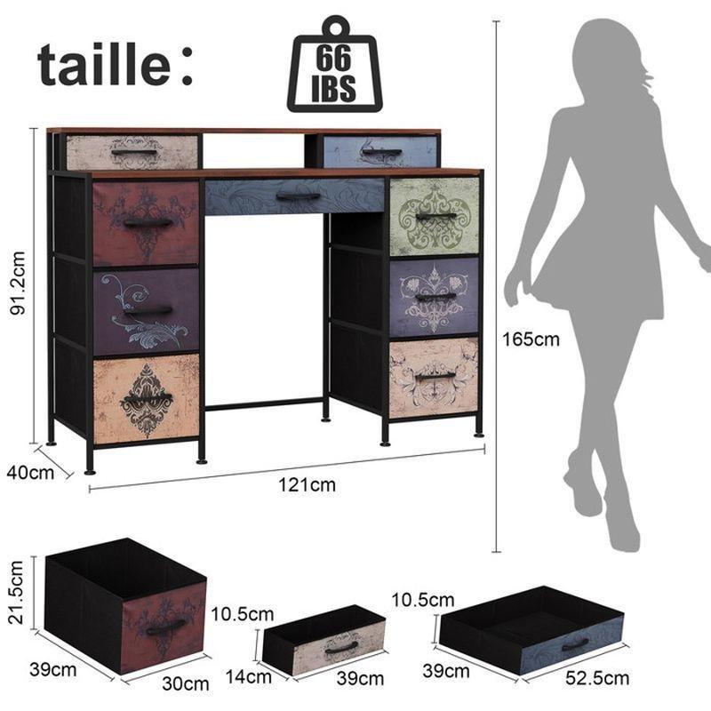 Çok Renkli Metal ve Ahşap 9 Çekmeceli Retro Tasarım Makyaj Masası - 121x40x92 cm - 122191