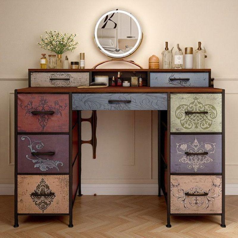 Çok Renkli Metal ve Ahşap 9 Çekmeceli Retro Tasarım Makyaj Masası - 121x40x92 cm - 122191