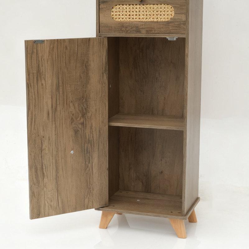 Doğal Ahşap Ayarlanabilir Raflı Hasır Banyo Dolabı-173x41x30 cm - 114193
