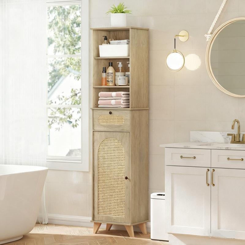 Doğal Ahşap Ayarlanabilir Raflı Hasır Banyo Dolabı-173x41x30 cm - 114193