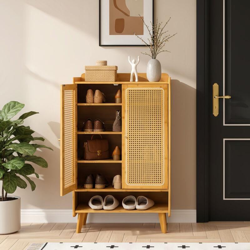 Doğal Ahşap Bambu ve Hasır Kapaklı 5 Raflı Ayakkabılık - 69 x 35 x 115 cm - 120189
